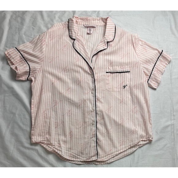 Victoria's Secret Other - Victoria's Secret Pink Stripe V Logo Pajama Top Short Sleeve Button Up Sleepwear